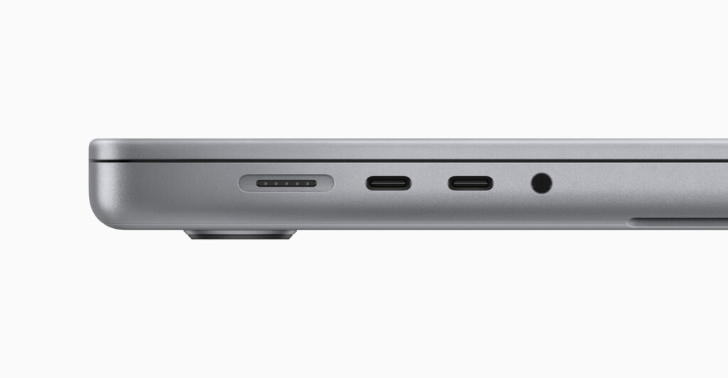 studio image of the Apple MacBook Pro M2 Pro and M2 Max 2 ports