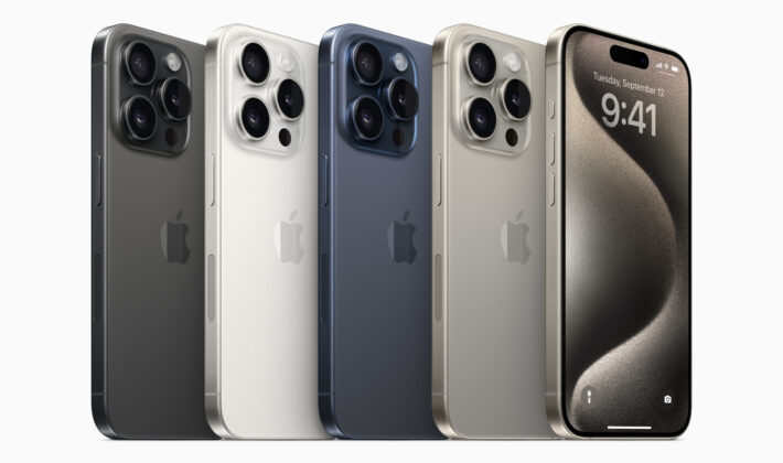 studio image of five different Apple iPhone 15s